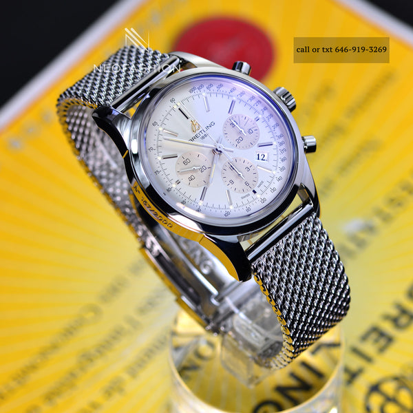 Breitling Transocean B01 Chronograph Limited Edition 43mm White Dial Mesh Bracelet Mens Watch AB0151