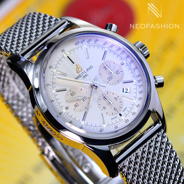 Breitling Transocean B01 Chronograph Limited Edition 43mm White Dial Mesh Bracelet Mens Watch AB0151