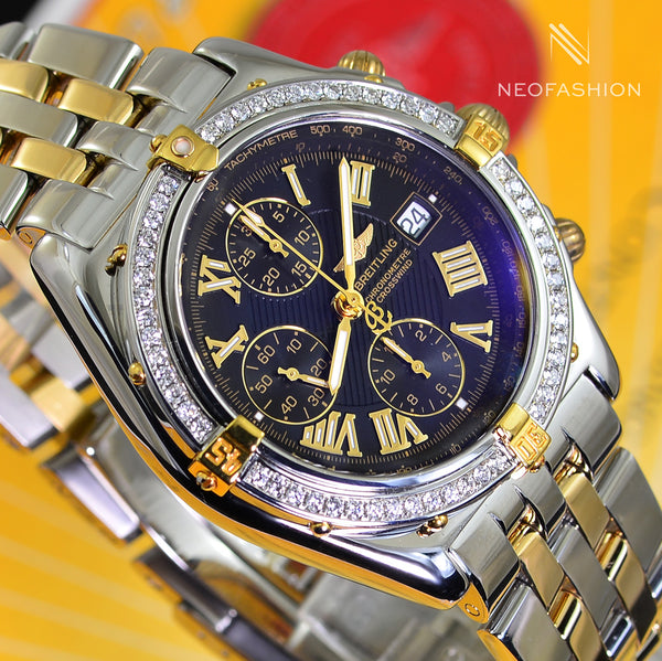 Breitling Crosswind 2 Tone/18K SS 43mm Diamond Bezel Black Dial Mens Watch B13355