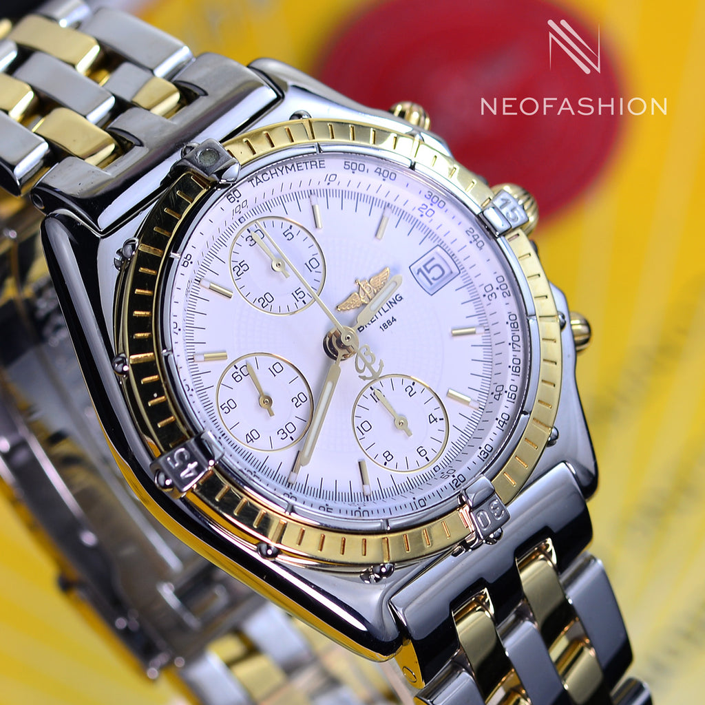 Breitling Chronomat 2 Tone 18K Gold Bezel/Stainless Steel White Dial Mens Watch B13050﻿