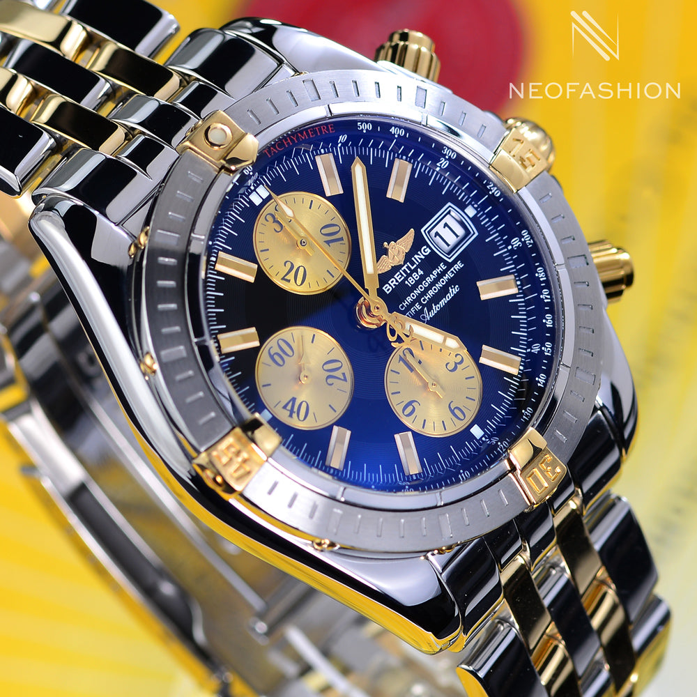 Breitling Chronomat Evolution 2 Tone 18K Gold/Stainless Steel Black Dial Mens Watch B13356