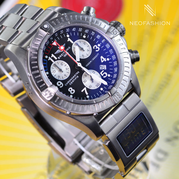 Silver wristwatch with a digital display on a yellow background, branded 'Neofashion'.