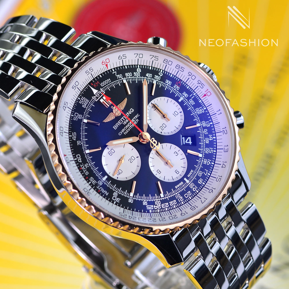 Breitling Navitimer B01 Chronograph 46mm Black Dial 18K Gold Bezel Watch UB0127
