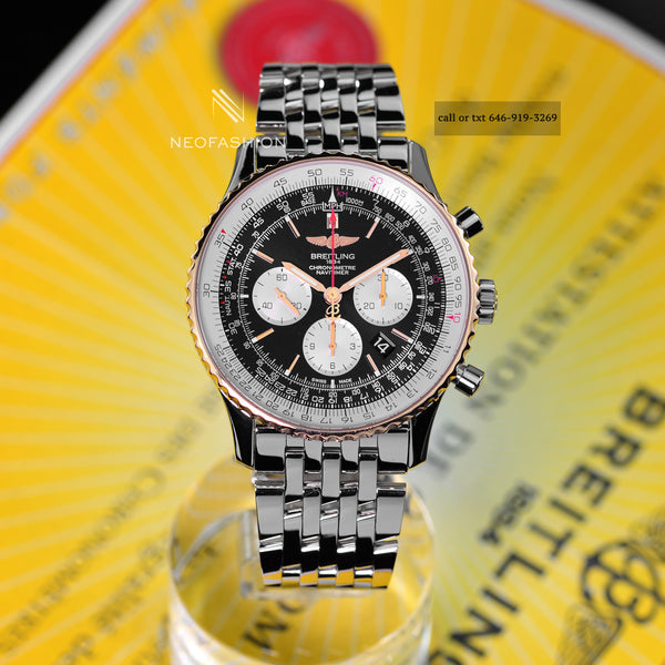 Breitling Navitimer B01 Chronograph 46mm Black Dial 18K Gold Bezel Watch UB0127
