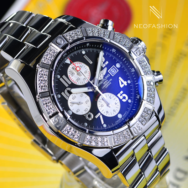 Breitling Super Avenger with Factory 1.23ct Diamond Bezel Black Dial A13370 Mens Watch