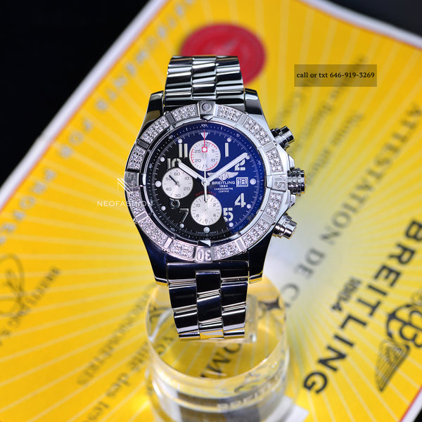 Breitling Super Avenger with Factory 1.23ct Diamond Bezel Black Dial A13370 Mens Watch