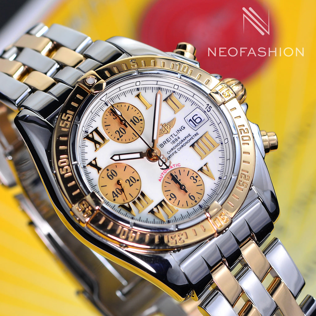 BREITLING COCKPIT CHRONO 2 TONE 18K BEZEL/SS 39MM WHITE DIAL MENS WATCH C13358