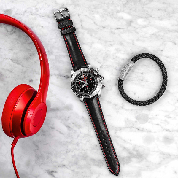 Black Calfskin Leather With Red Stitching Watch Strap - NeoFashionStore