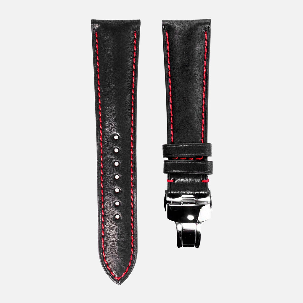 Black Calfskin Leather With Red Stitching Watch Strap - NeoFashionStore