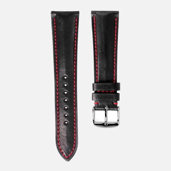 Black Calfskin Leather With Red Stitching Watch Strap - NeoFashionStore
