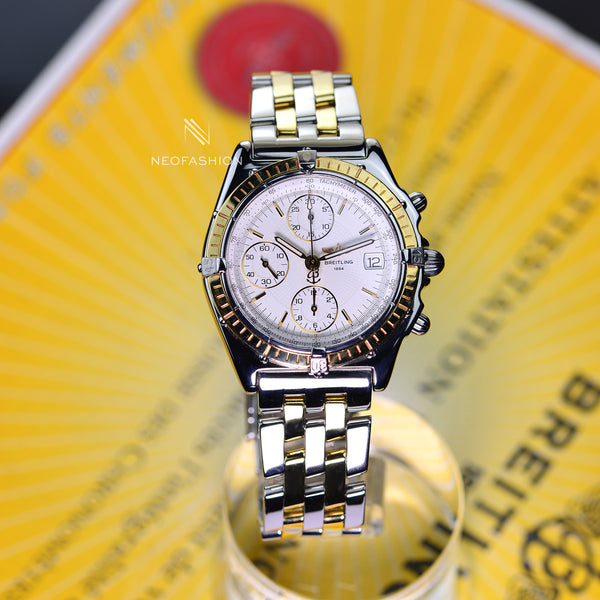 Breitling Chronomat 18K Gold & Steel White Dial D13050 Mens Watch