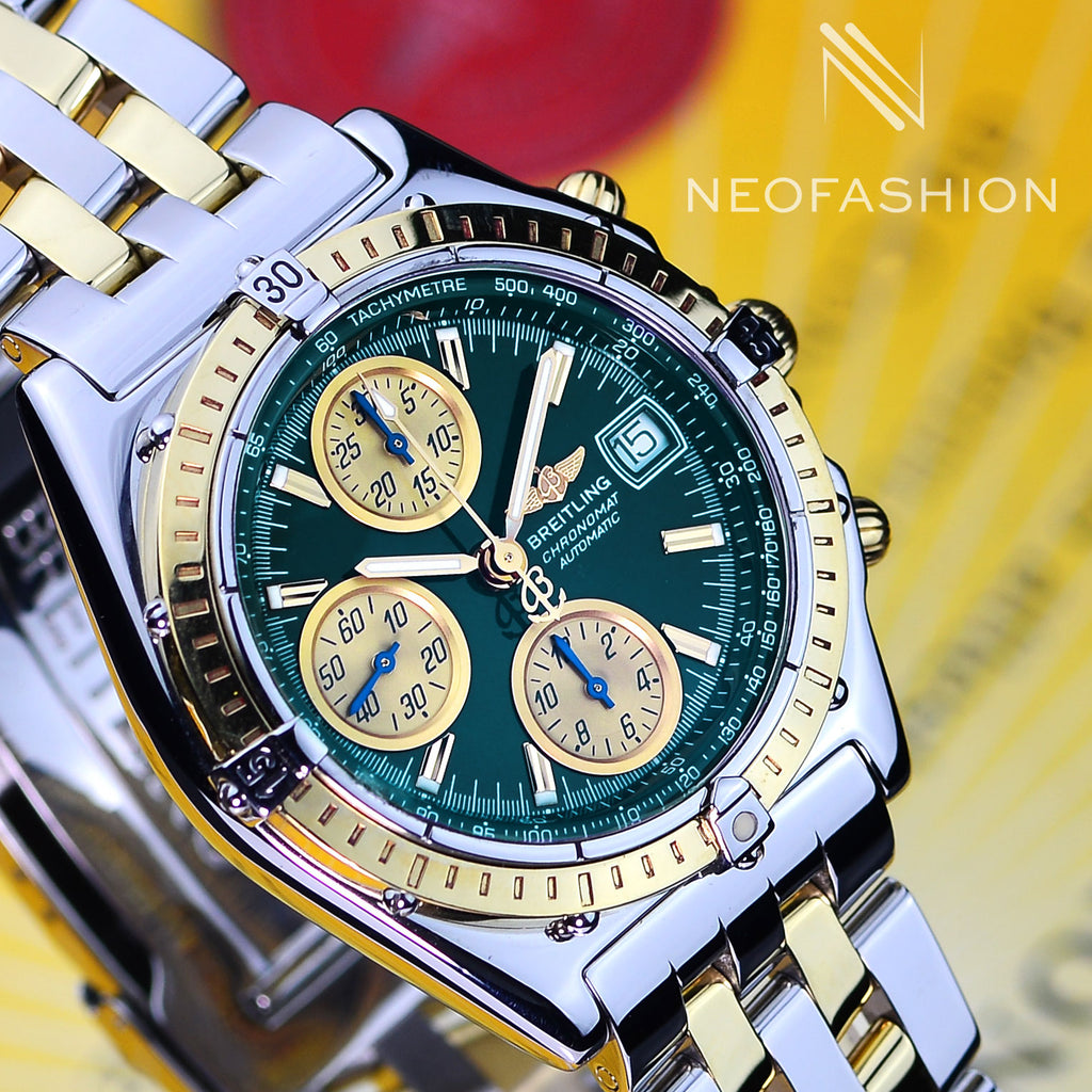 Breitling Chronomat 18K Gold & Steel Green Dial Mens Watch D133520