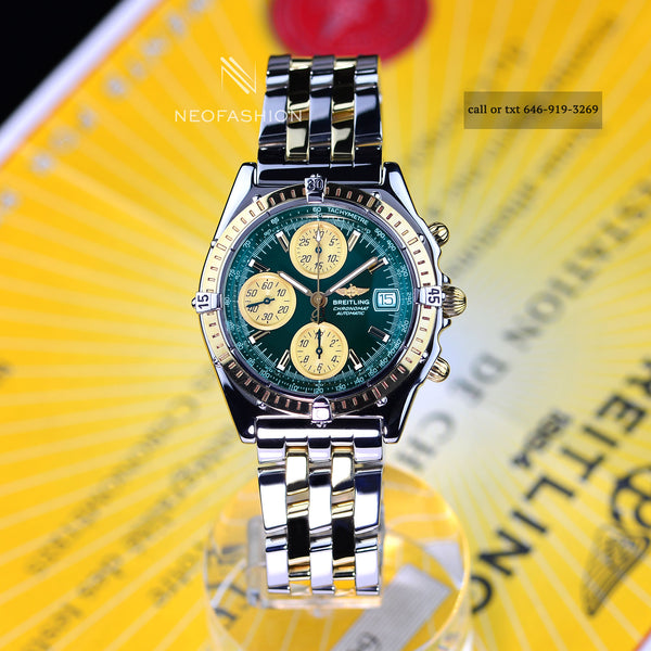 Breitling Chronomat 18K Gold & Steel Green Dial Mens Watch D133520
