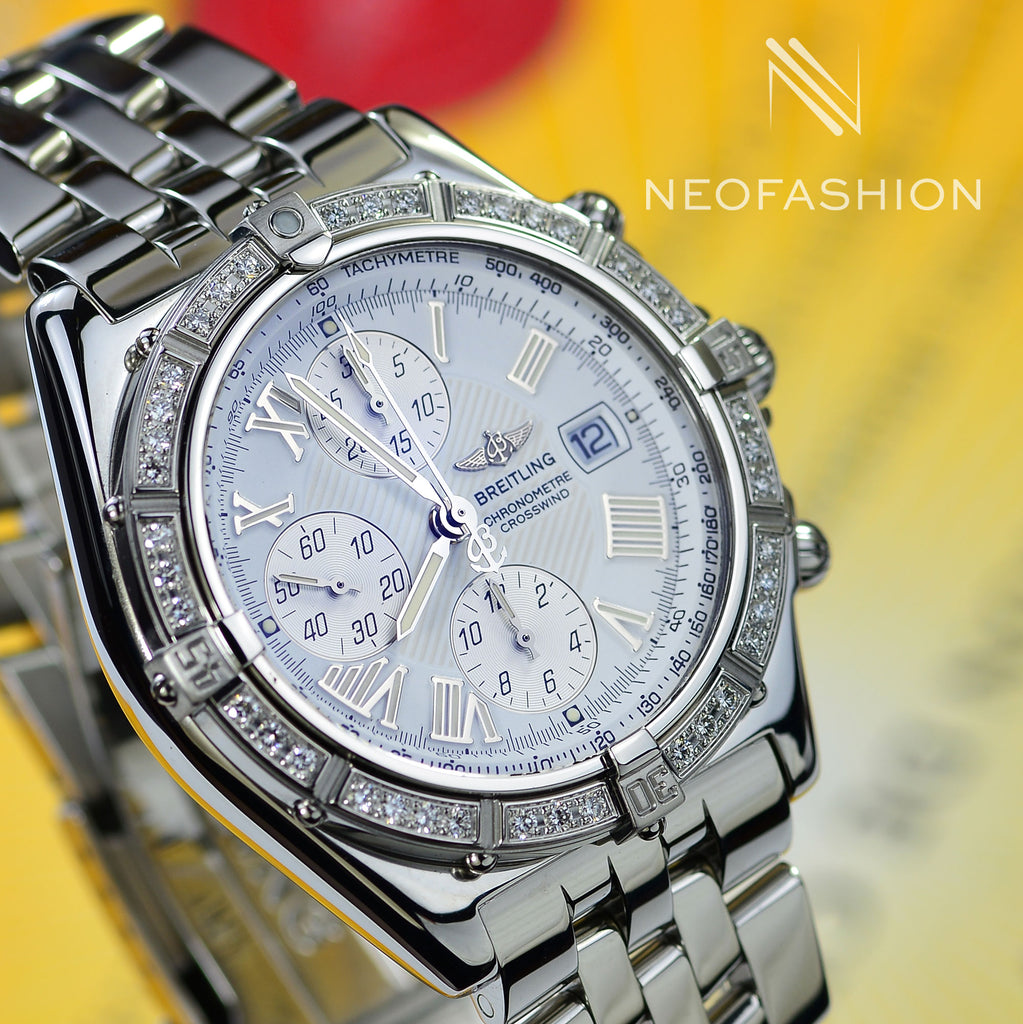 Breitling Crosswind 43mm SS Factory 1.14ct VVS Diamond Bezel White Dial A13355