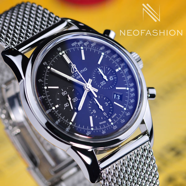 Breitling Transocean Chronograph Black Dial Mesh Bracelet Mens Watch AB0152