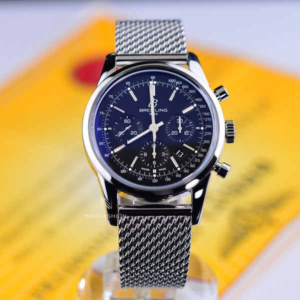 Breitling Transocean Chronograph Black Dial Mesh Bracelet Mens Watch AB0152