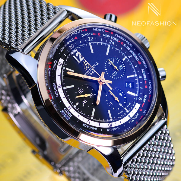 Breitling Transocean Unitime 46mm Men's Watch 18K Gold/SS Black Dial UB0510