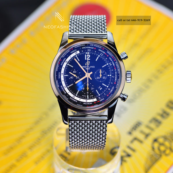 Breitling Transocean Unitime 46mm Men's Watch 18K Gold/SS Black Dial UB0510