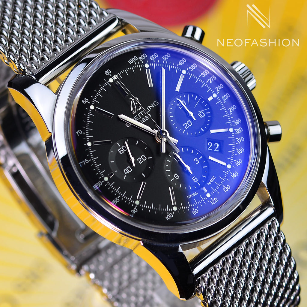 Breitling Transocean Chronograph Black Dial Mesh Bracelet Mens Watch AB0152