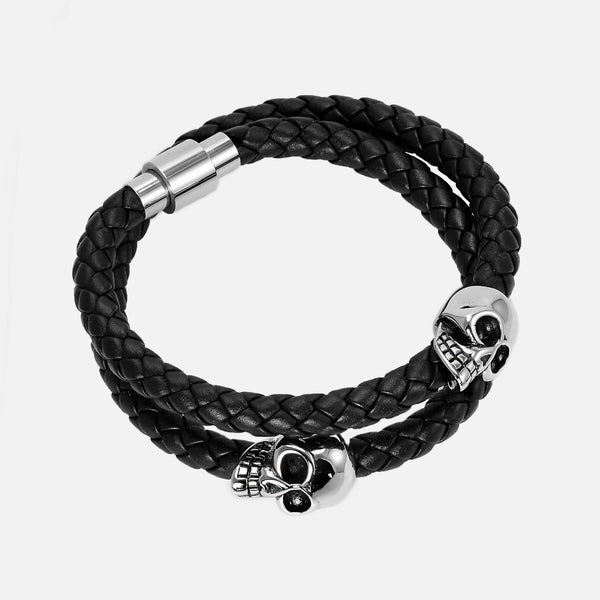 Sekora Black Braided Nappa Leather Twin Skull Bracelet - NeoFashionStore