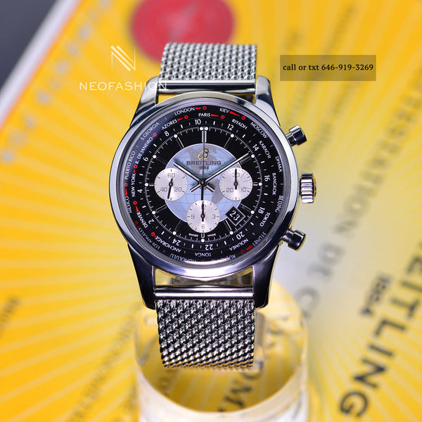 Breitling Transocean Unitime 46mm Men's Watch Stainless Steel Black Dial AB0510