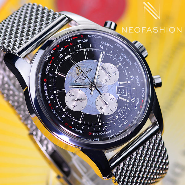 Breitling Transocean Unitime 46mm Men's Watch Stainless Steel Black Dial AB0510